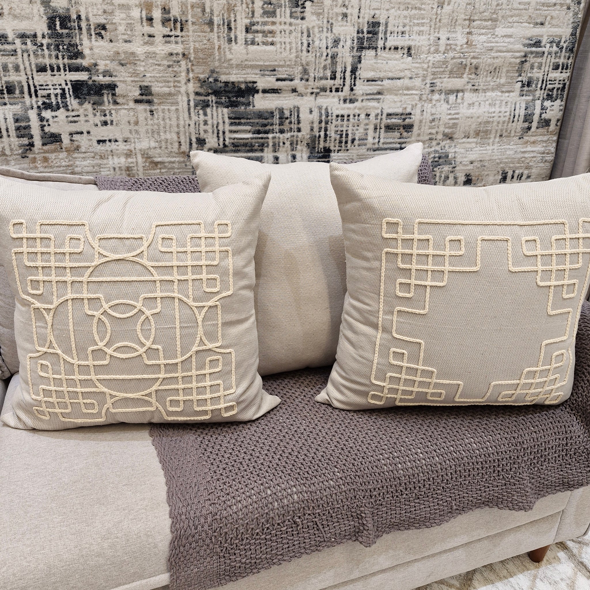 Kit Almofadas Trio Cordão Desenhado Linho Bege 260B| Três Peças