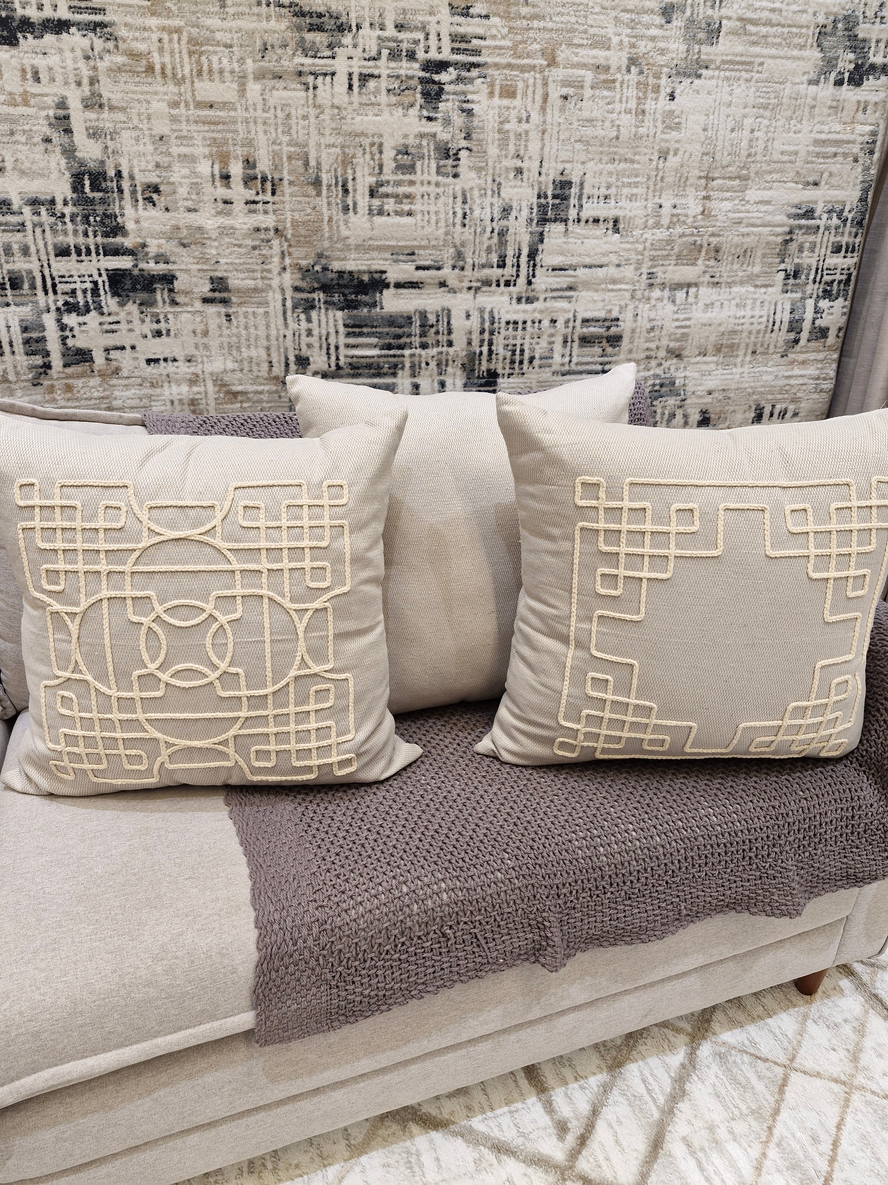 Kit Almofadas Trio Cordão Desenhado Linho Bege 260B| Três Peças